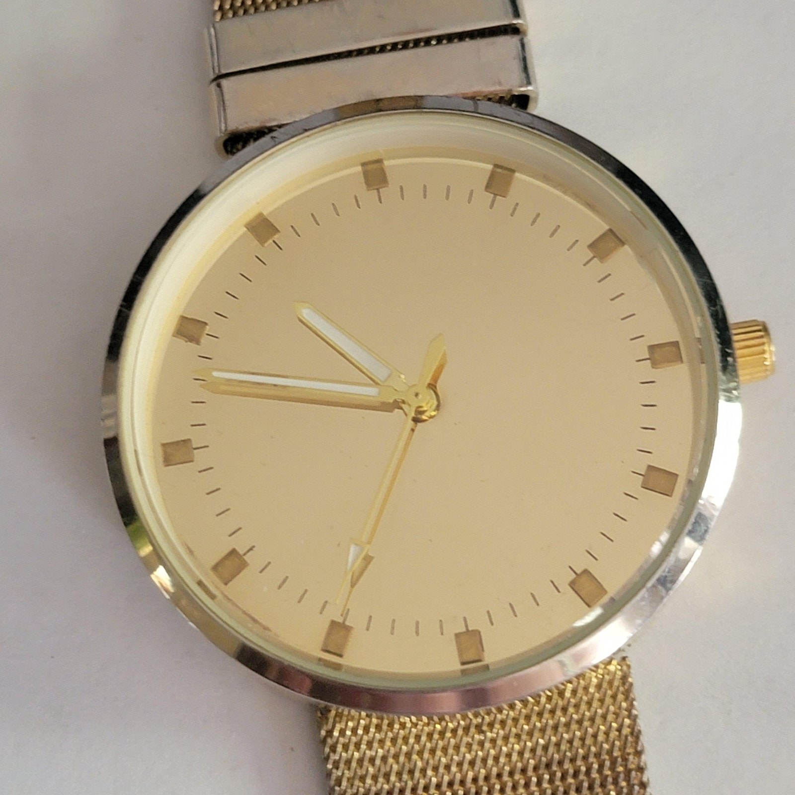 Mens Dress Watch Champagne Dial Silver Bezel Gold Mesh Band Minimalist Analog
